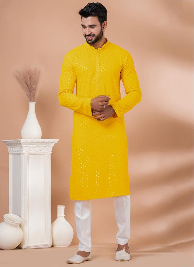 Viscose Rayon Yellow Traditional Wear Embroidery Work Kurta Pajama